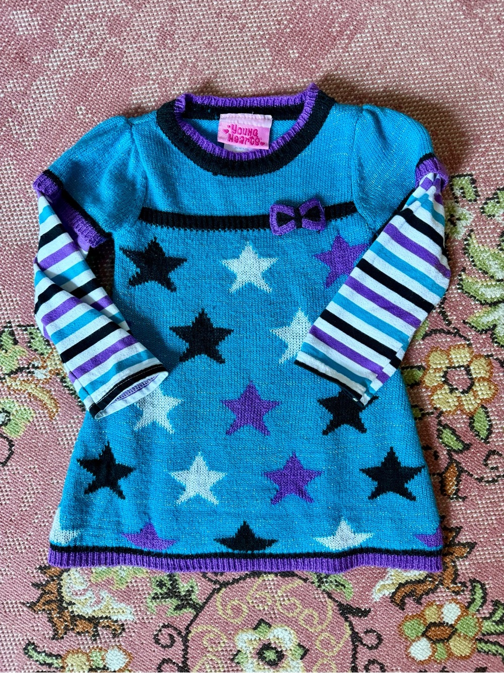 Young Hearts Teal Star Knit Tunic with Striped Sleeves